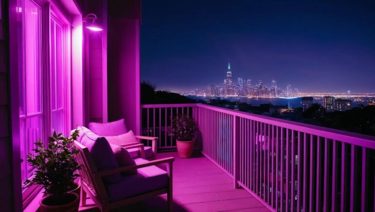 Cozy Balkon, nachts mit City Skyline, Lila LED Beleuchtung