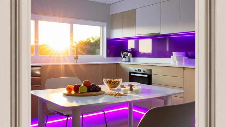 Moderne Küche mit Lila LED, Frühstück am Morgen