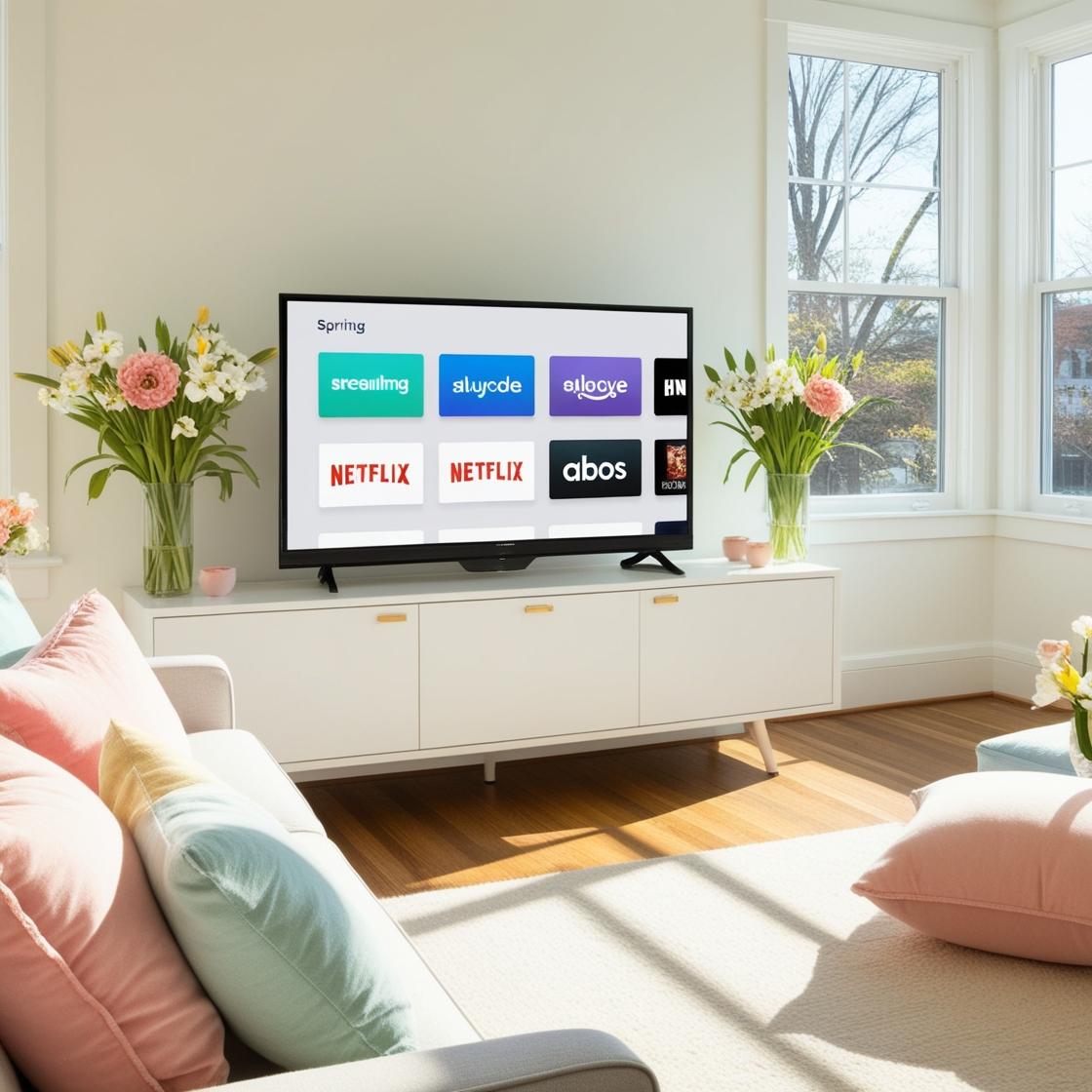 Ein Wohnzimmer im Frühling mit einem Fernseher mit Streaming Apps