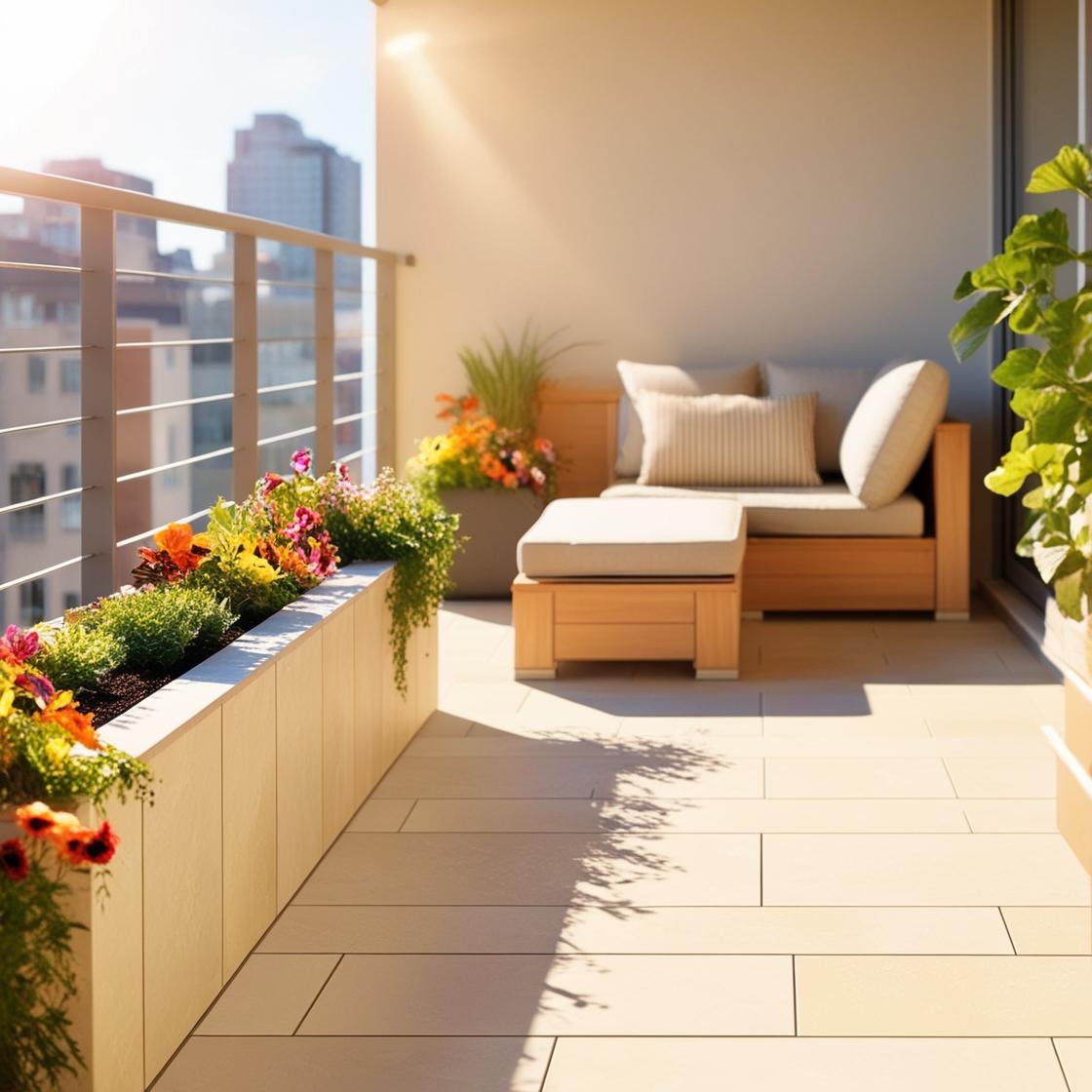 Moderner Balkon mit hellen Bodenplatten, einem Hochbeet und einer Garten-Couch an einem Sonnigen Tag, im Hintergrund eine urban city