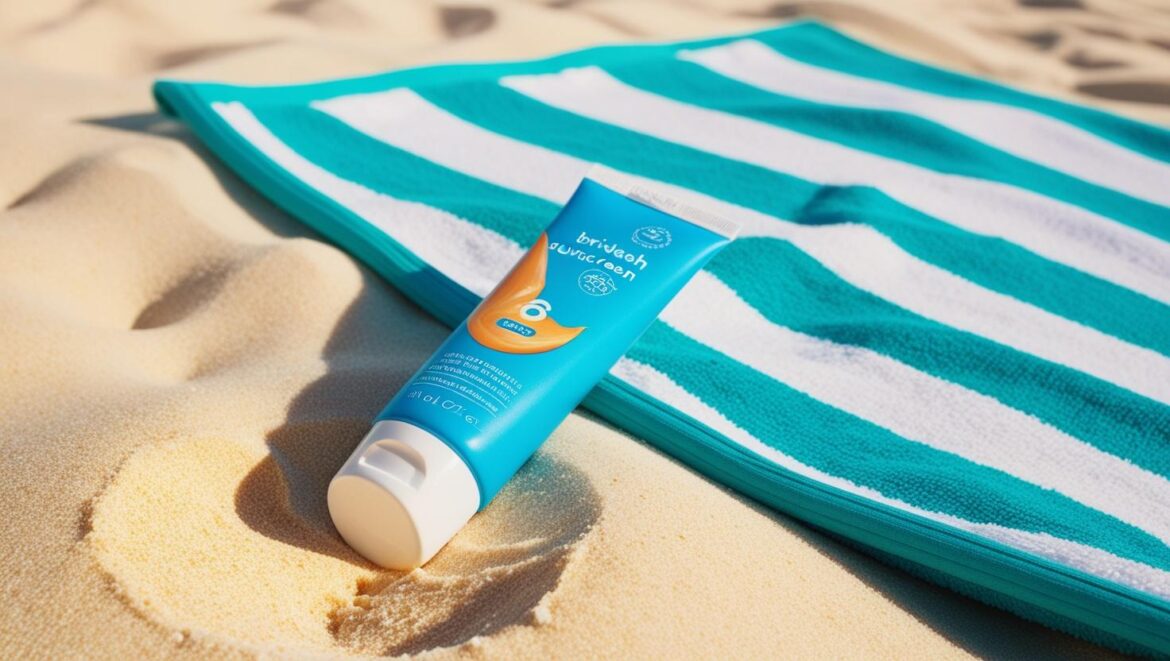 Eine Tube Sonnencreme am Strand auf einem Handtuch