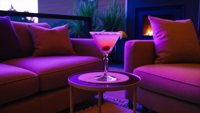 Cozy Wohnzimmer am Abend, Cocktail, Lila LED Beleuchtung