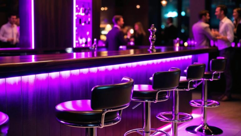 Eine moderne urbane Bar, mit Lila LED Lichtern