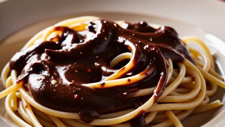spaghetti in einer schokosauße