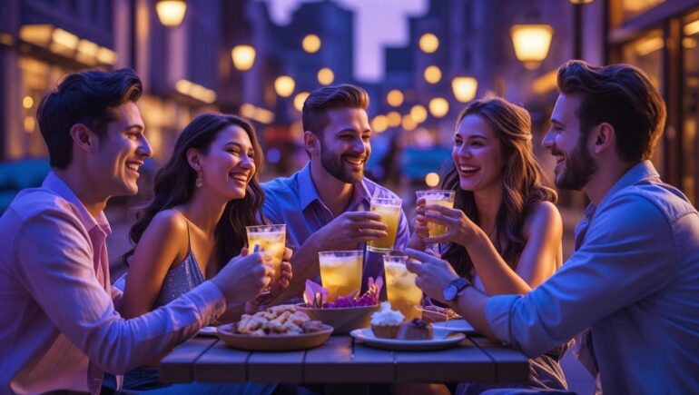 atmosphere, drinks, snacks, lila akzente, urban, feelgood