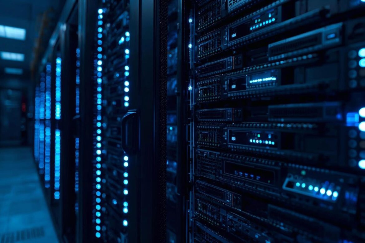 Moderner blauer Serverschrank mit LED Beleuchtung