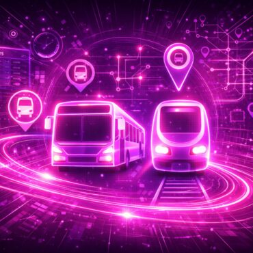 Bus & Bahn Icons in Neon Farben vor einem Pinken Hintergrund