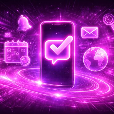 Hendy mit diversen App Icons in Neonfarben vor einem Cyber Hintergrund in Pink