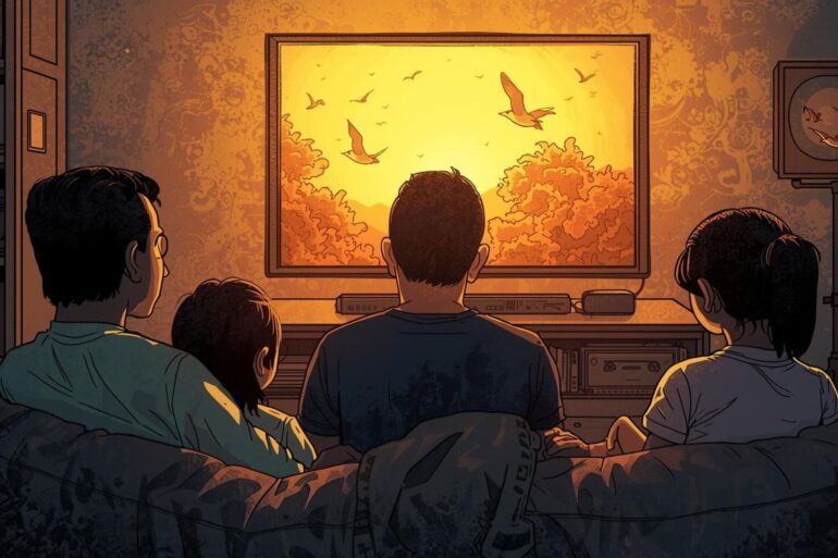 Eine Familie sitzt gemütlich am Abend vor dem Fernseher