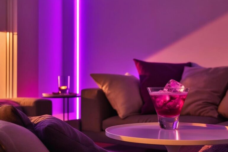 Pinkes gemütliches Wohnzimmer mit lila LEDs und einem Cocktail auf dem Tisch