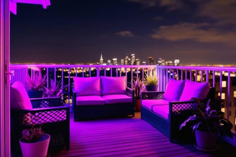 Ein gemütlicher Balkon mit einer Loungegarnitur vor einer schönen Nachtskyline