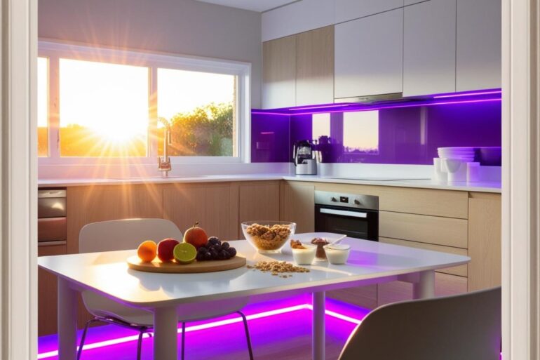 Eine Küche am Morgen mit lila LED Beleuchtung