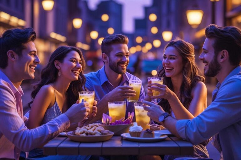 Eine Freundesgruppe sitzt gemütlich in der Stadt zusammen und trinken Cocktails